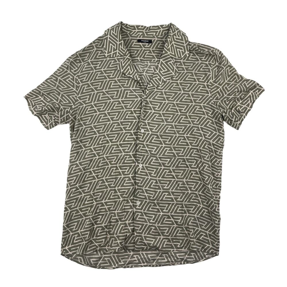 Balmain - Pyramid monogram Short Sleeve Shirt in Sage Green & White